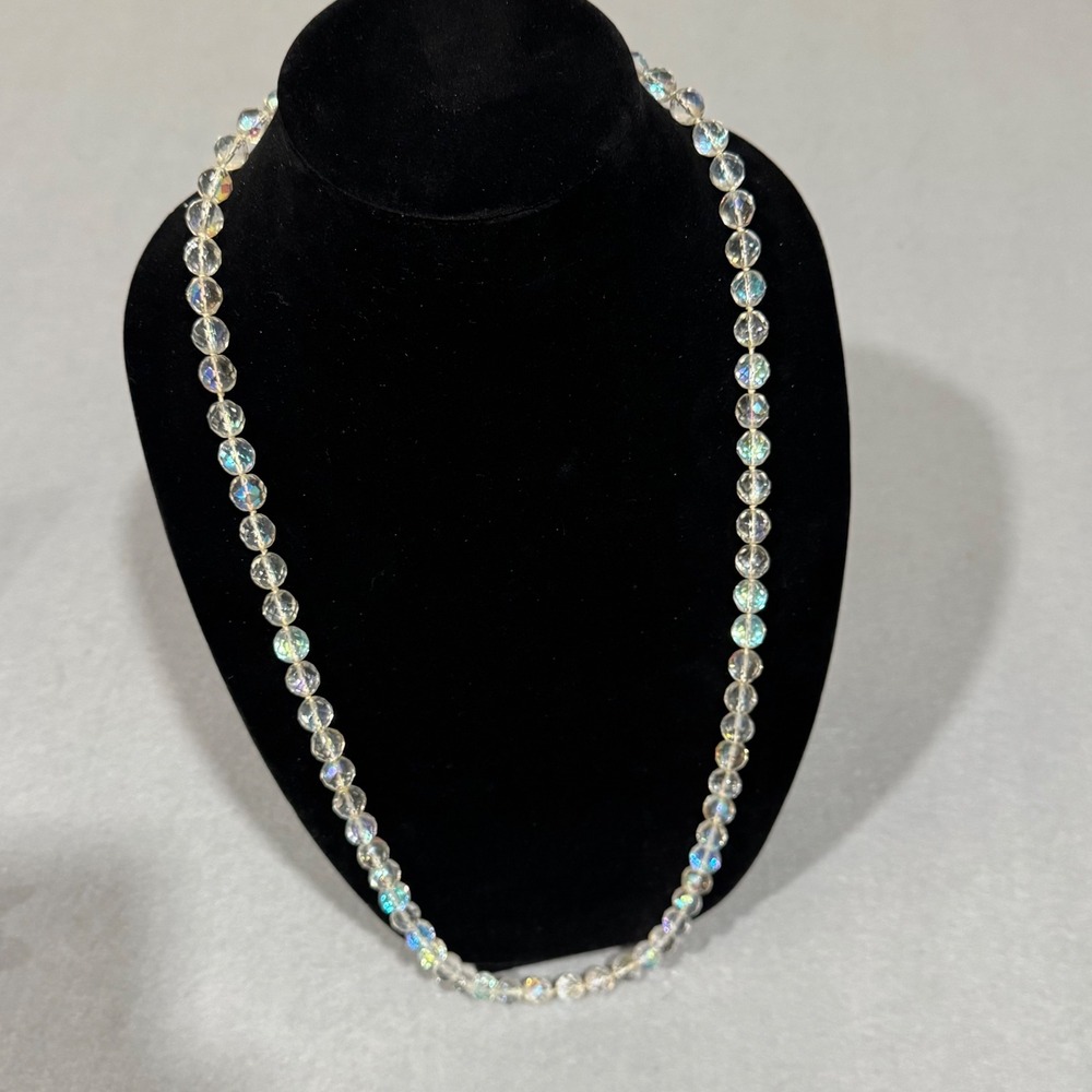 Vintage Necklace Women Clear Aurora Borealis AB Faceted Glass Bead 30 Inch